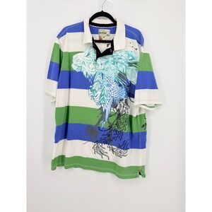 Y2K Savage Art Mens 2XL Phoenix Graphic Striped Polo Shirt Blue Green White Y2K